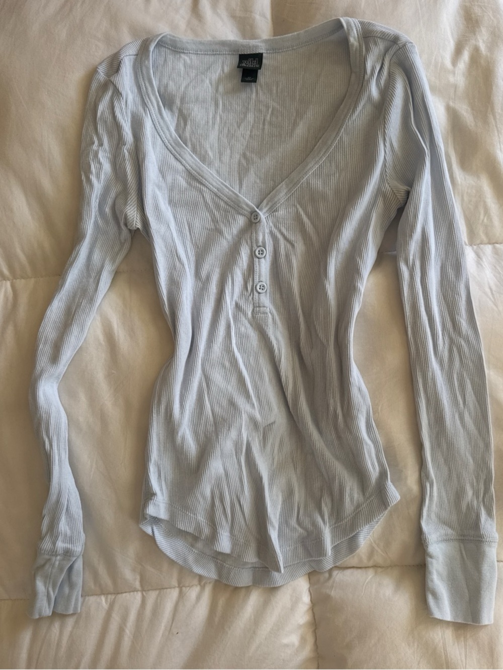 Light Blue Ribbed Henley Long Sleeve Top